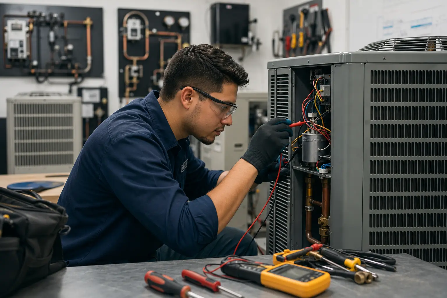 HVAC technician student testing an air conditioning system during hands-on HVAC-R training in a technical workshop.